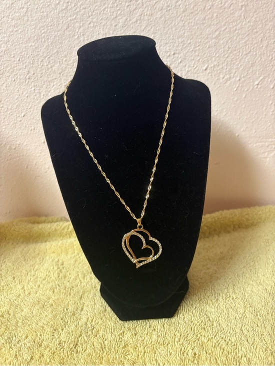 Jewelry - Gold Tone Double Heart Rhinestone Pendant Necklace